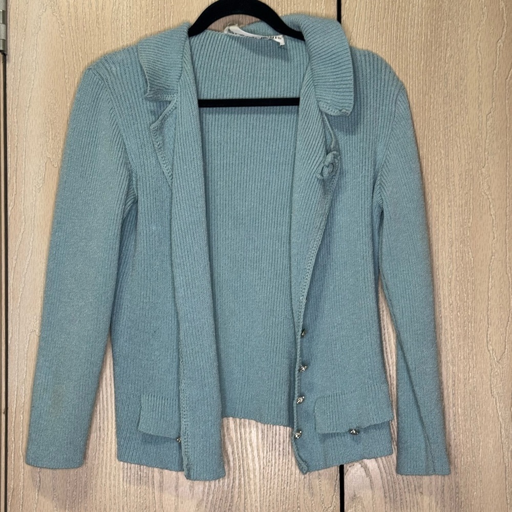 Vintage St. John Collection Knit Cardigan Sweater Blue with Rhinestone Buttons